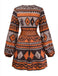 Brown 1970s Deep V-Neck Tirbal Print Boho Dress