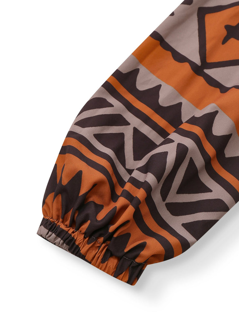 Brown 1970s Deep V-Neck Tirbal Print Boho Dress