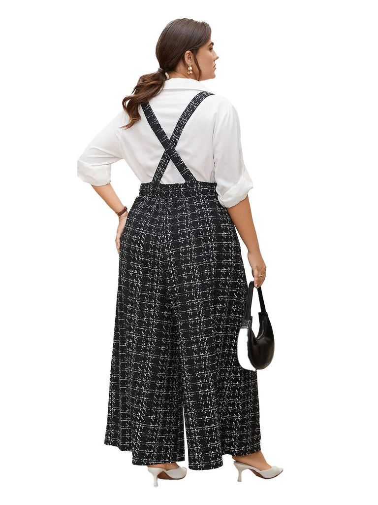 [Plus Size] Black 1950s Plaid Wide-Leg Overalls Jumpsuit