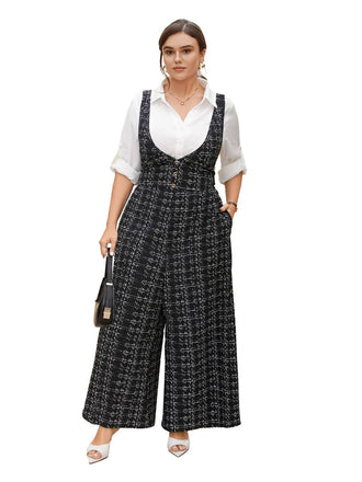 [Plus Size] Black 1950s Plaid Wide-Leg Overalls Jumpsuit