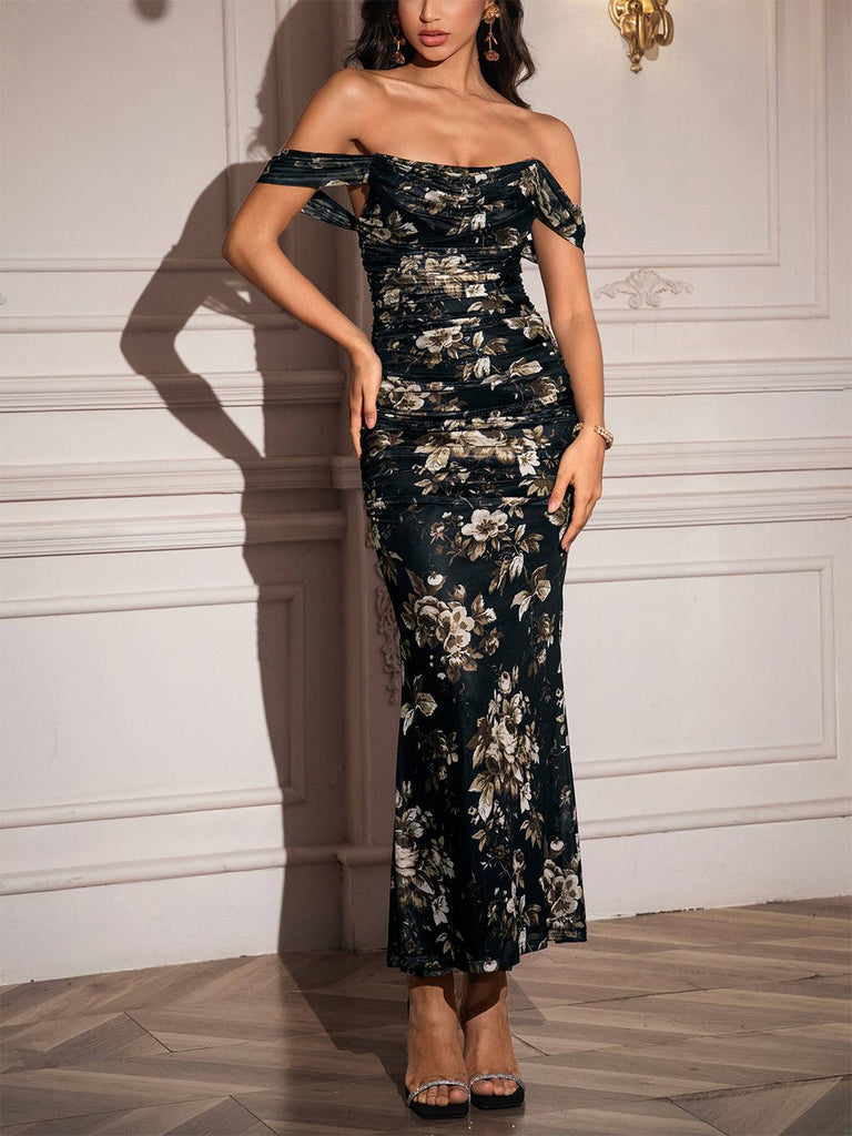 1980s Off-Shoulder Floral Mesh Bodycon Ruched Dress