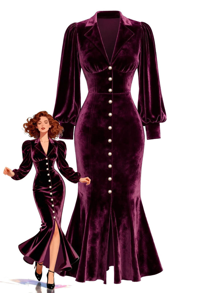 Red 1930s Velvet Pearl Lantern Sleeve Mermaid Dress