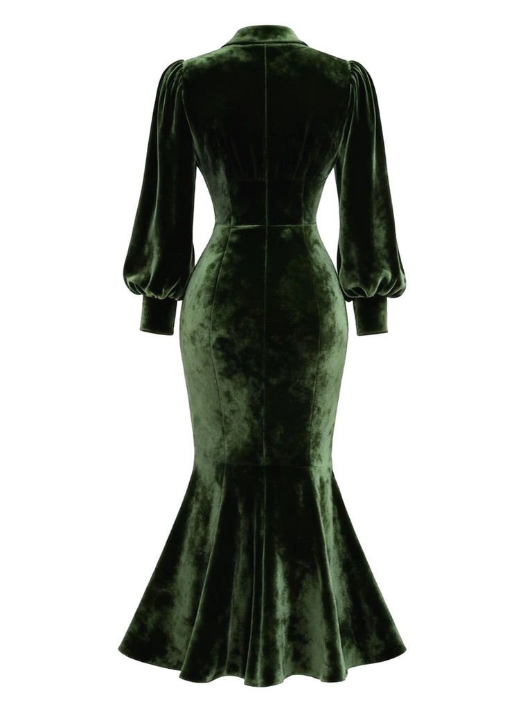 [Pre-Sale] Green 1930s Velvet Pearl Lantern Sleeve Mermaid Dress