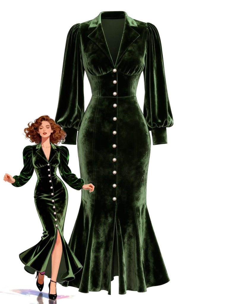 [Pre-Sale] Green 1930s Velvet Pearl Lantern Sleeve Mermaid Dress