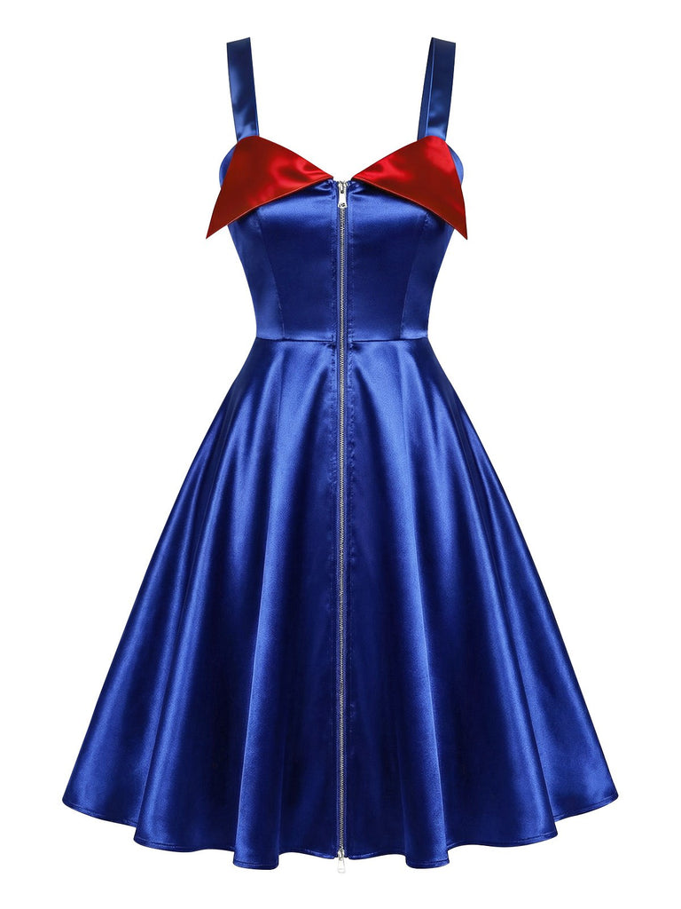 [Pre-Sale] Royal Blue 1950s Satin Colorblock Wide-Strap Dress