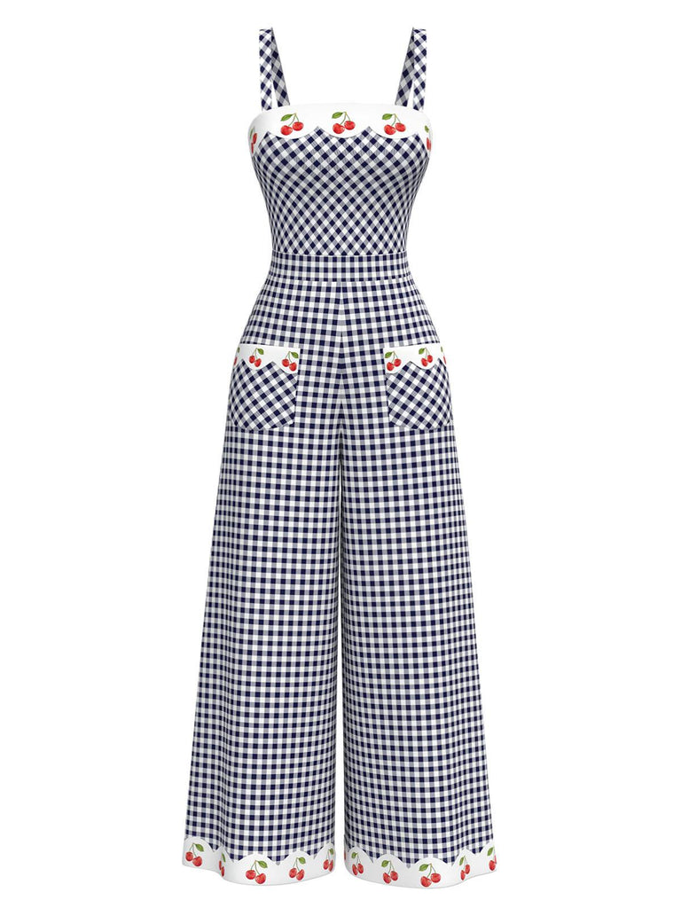 [Pre-Sale] 1950s Cherry Blue White Gingham Plaid Strap Jumpsuit