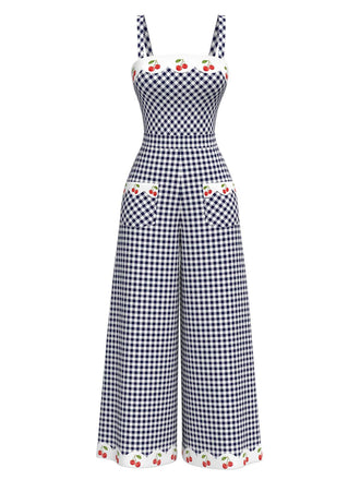 [Pre-Sale] 1950s Cherry Blue White Gingham Plaid Strap Jumpsuit