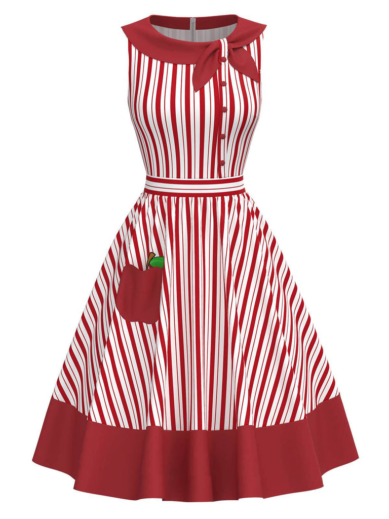 [Pre-Sale] Red 1950s Bow Collar Vertical Stripe Apple Dress