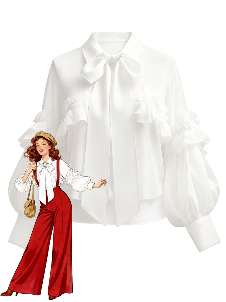 White 1950s Solid Cotton Tie-Neck Bow Blouse