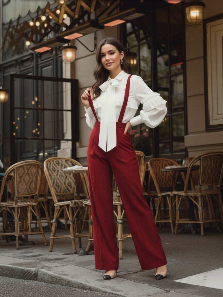 White 1940s Ruffle Lantern Sleeve Tie-Front Blouse