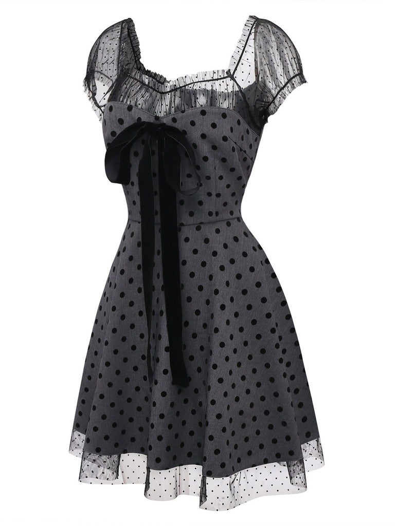 [Pre-Sale] Gray 1960s Bowknot Mesh Patchwork Polka Dot Dress