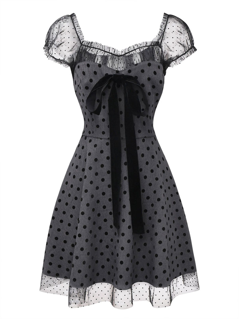 [Pre-Sale] Gray 1960s Bowknot Mesh Patchwork Polka Dot Dress