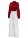 [Pre-Sale] Red 1930s Pearl Embellished Ruffle Color-Block Jumpsuit