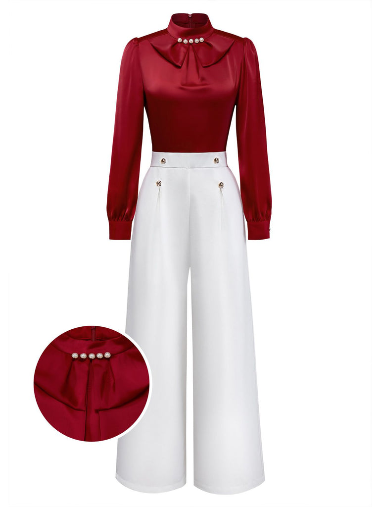 [Pre-Sale] Red 1930s Pearl Embellished Ruffle Color-Block Jumpsuit