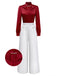 [Pre-Sale] Red 1930s Pearl Embellished Ruffle Color-Block Jumpsuit