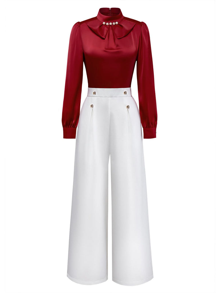[Pre-Sale] Red 1930s Pearl Embellished Ruffle Color-Block Jumpsuit