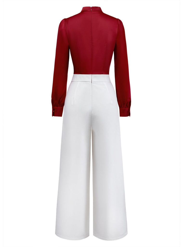 [Pre-Sale] Red 1930s Pearl Embellished Ruffle Color-Block Jumpsuit