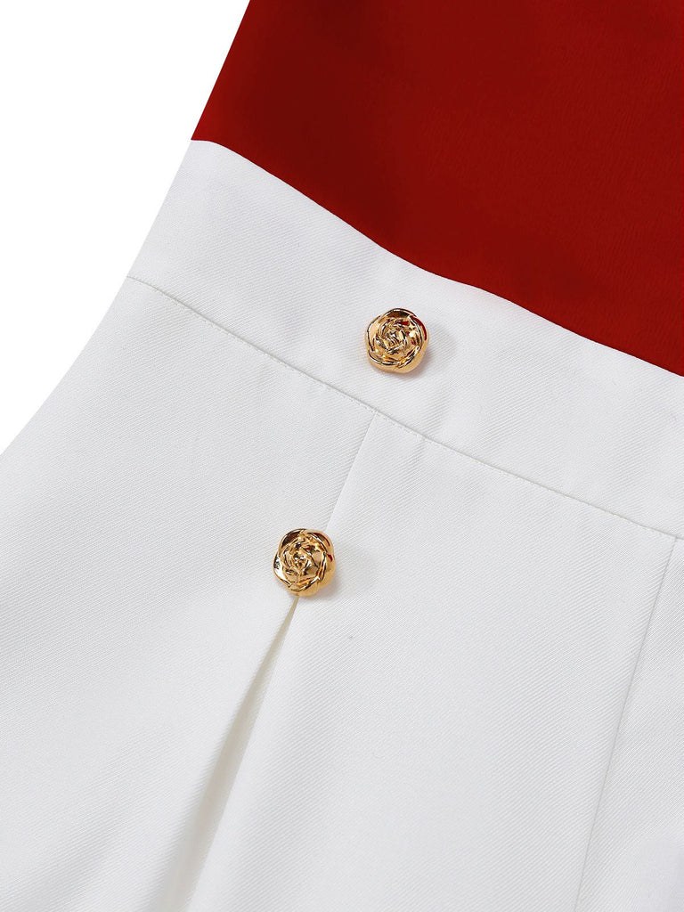 [Pre-Sale] Red 1930s Pearl Embellished Ruffle Color-Block Jumpsuit