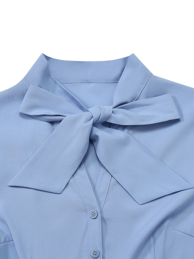 [Pre-Sale] Blue 1930s Bow Tie Belted Pencil Dress