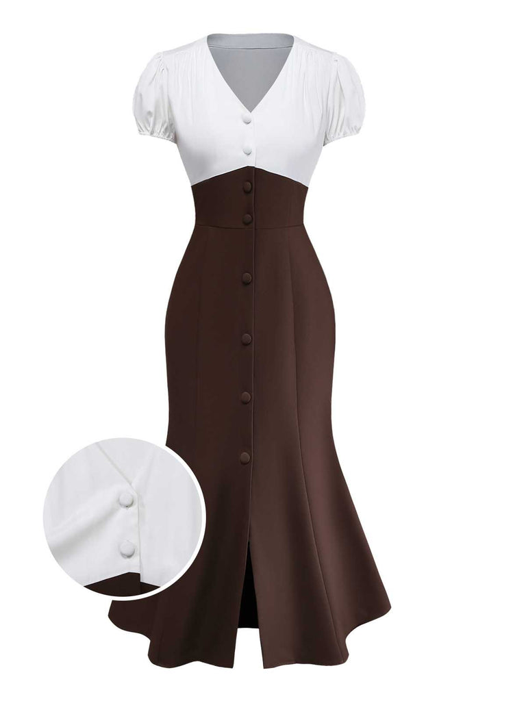 [Pre-Sale] 1930s V-Neck Colorblock Button Slit Mermaid Dress