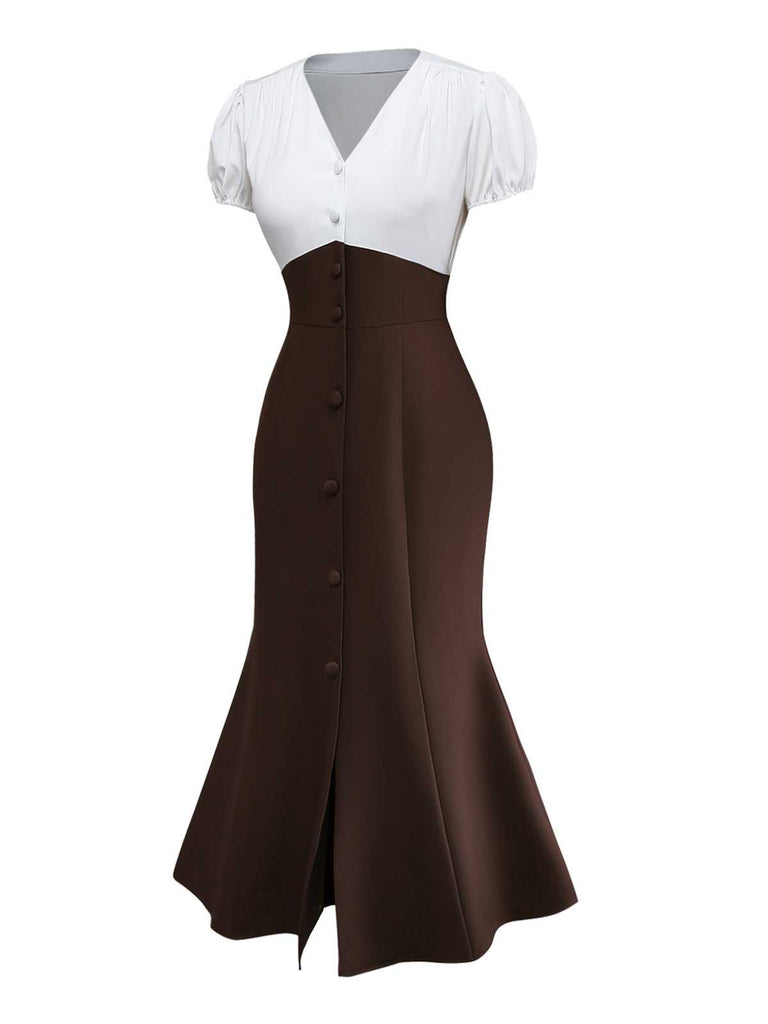 [Pre-Sale] 1930s V-Neck Colorblock Button Slit Mermaid Dress