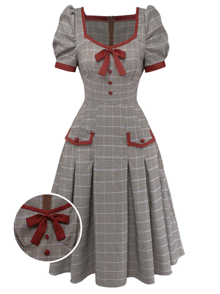 [Pre-Sale] Brown 1950s Bow Houndstooth Pleated Dress