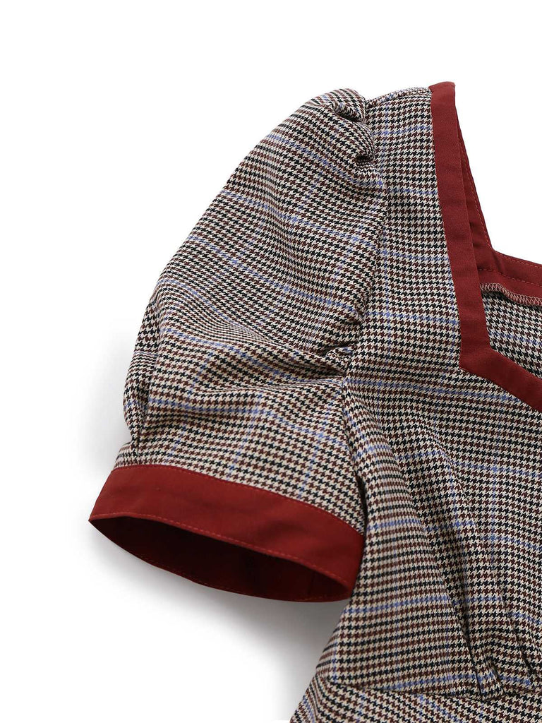 [Pre-Sale] Brown 1950s Bow Houndstooth Pleated Dress