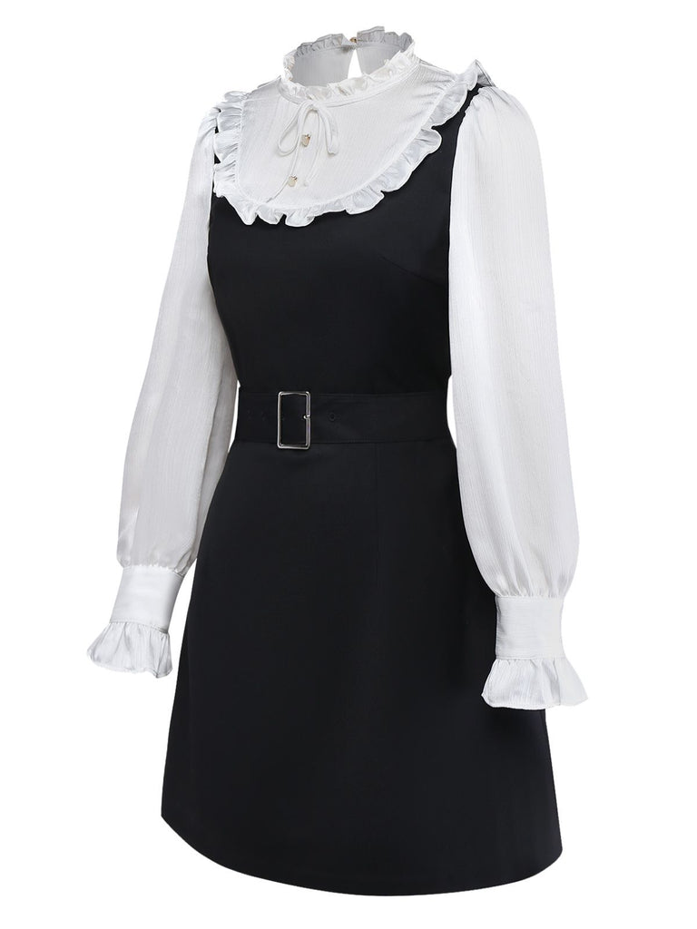 [Pre-Sale] Black 1960s Ruffle Bow Tie Belt Patchwork Dress