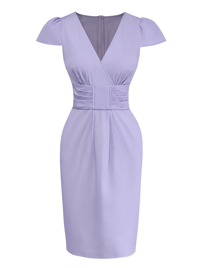 [Pre-Sale] Lavender 1960s Shimmer V-Neck Cap Sleeve Pleated Dress