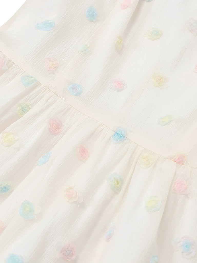 [Pre-Sale] White 1950s 3D Floral Dot Bow Belt Dress