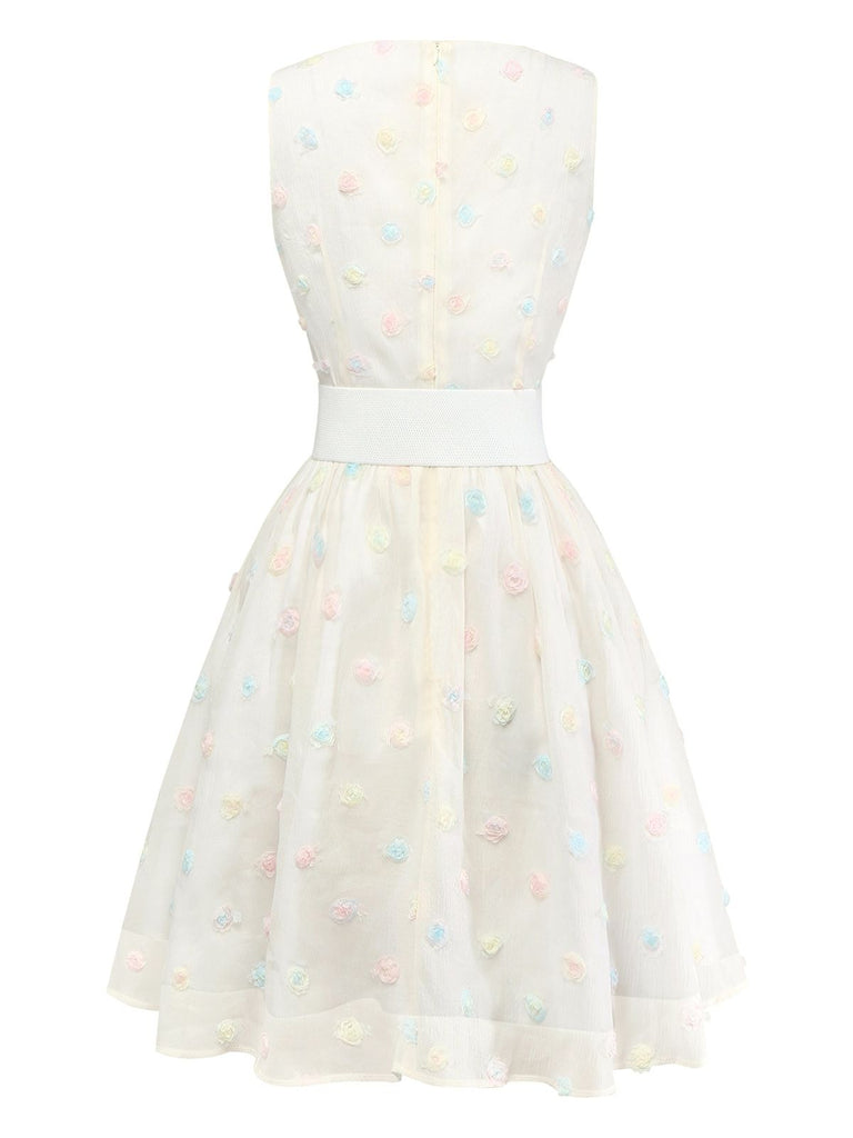 [Pre-Sale] White 1950s 3D Floral Dot Bow Belt Dress