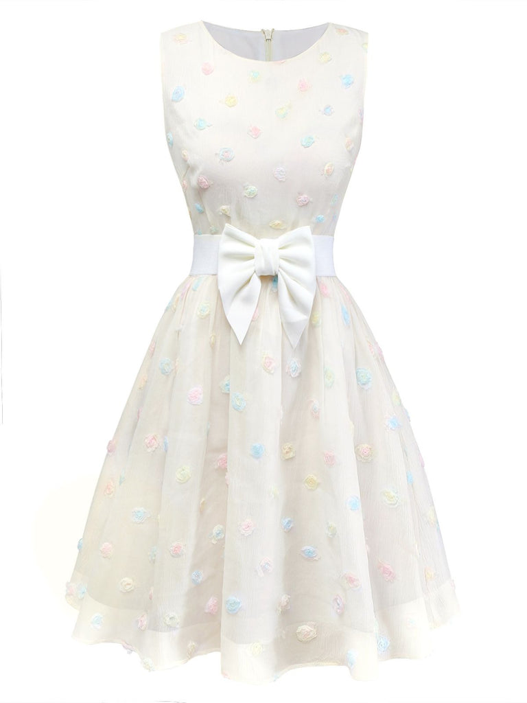 [Pre-Sale] White 1950s 3D Floral Dot Bow Belt Dress