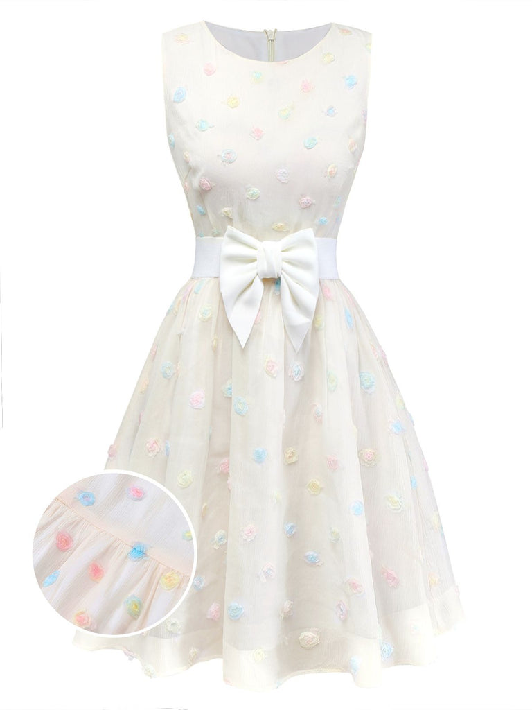 [Pre-Sale] White 1950s 3D Floral Dot Bow Belt Dress