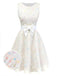 [Pre-Sale] White 1950s 3D Floral Dot Bow Belt Dress