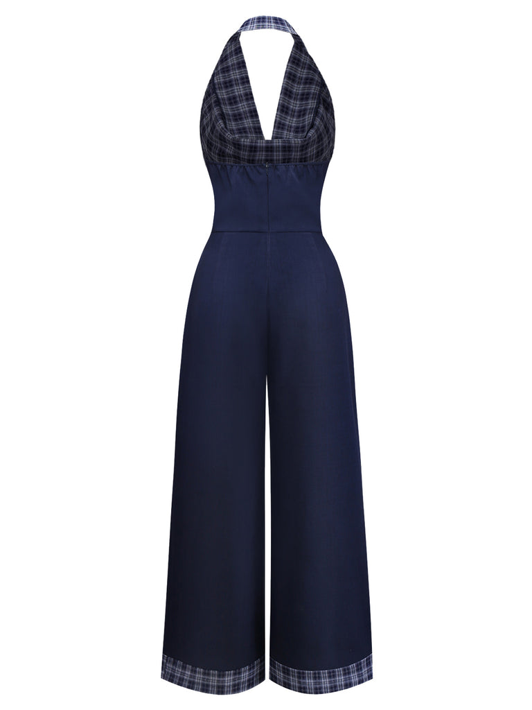 [Pre-Sale] Dark Blue 1940s Halter Cowl Neck Plaid Jumpsuit