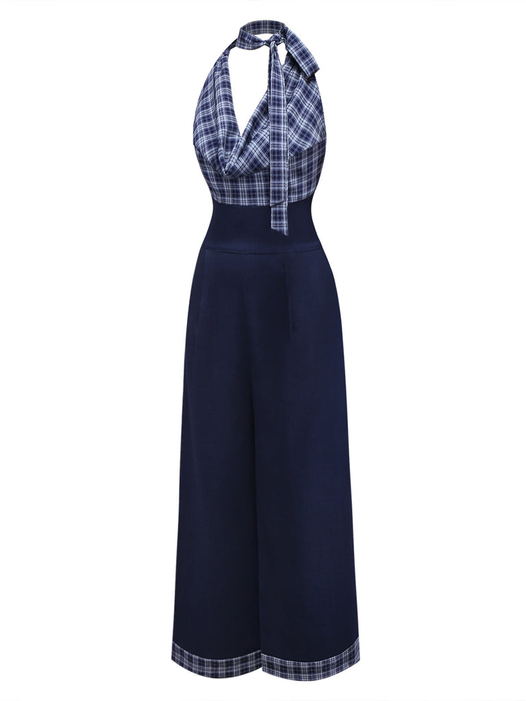 [Pre-Sale] Dark Blue 1940s Halter Cowl Neck Plaid Jumpsuit