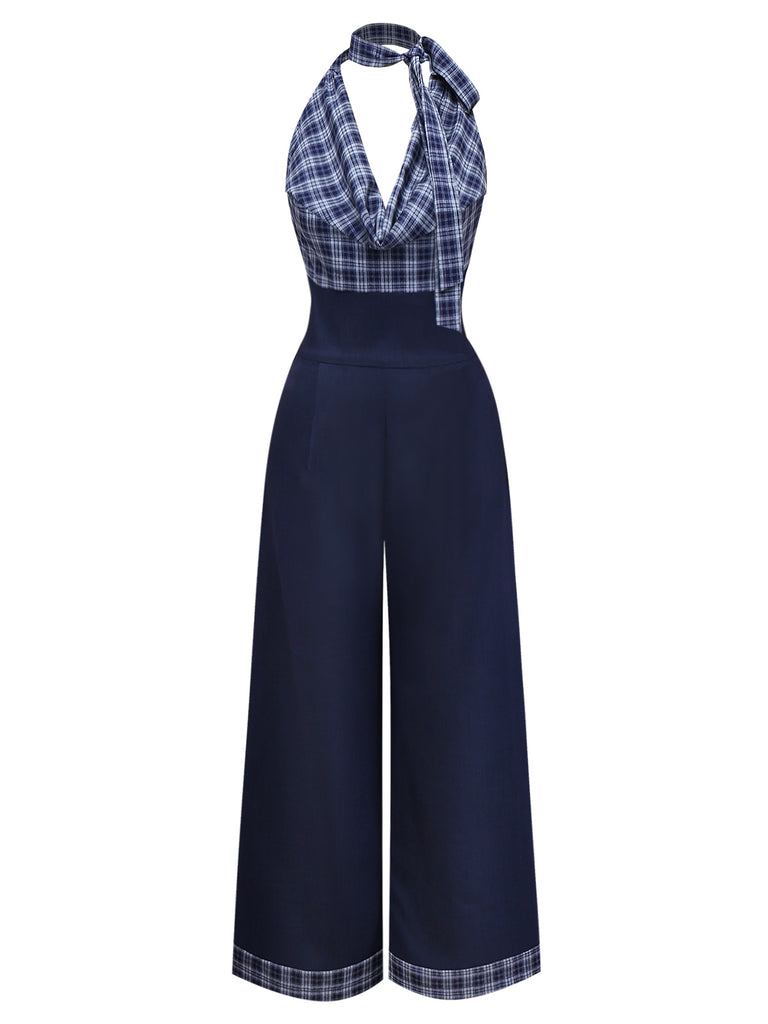 [Pre-Sale] Dark Blue 1940s Halter Cowl Neck Plaid Jumpsuit