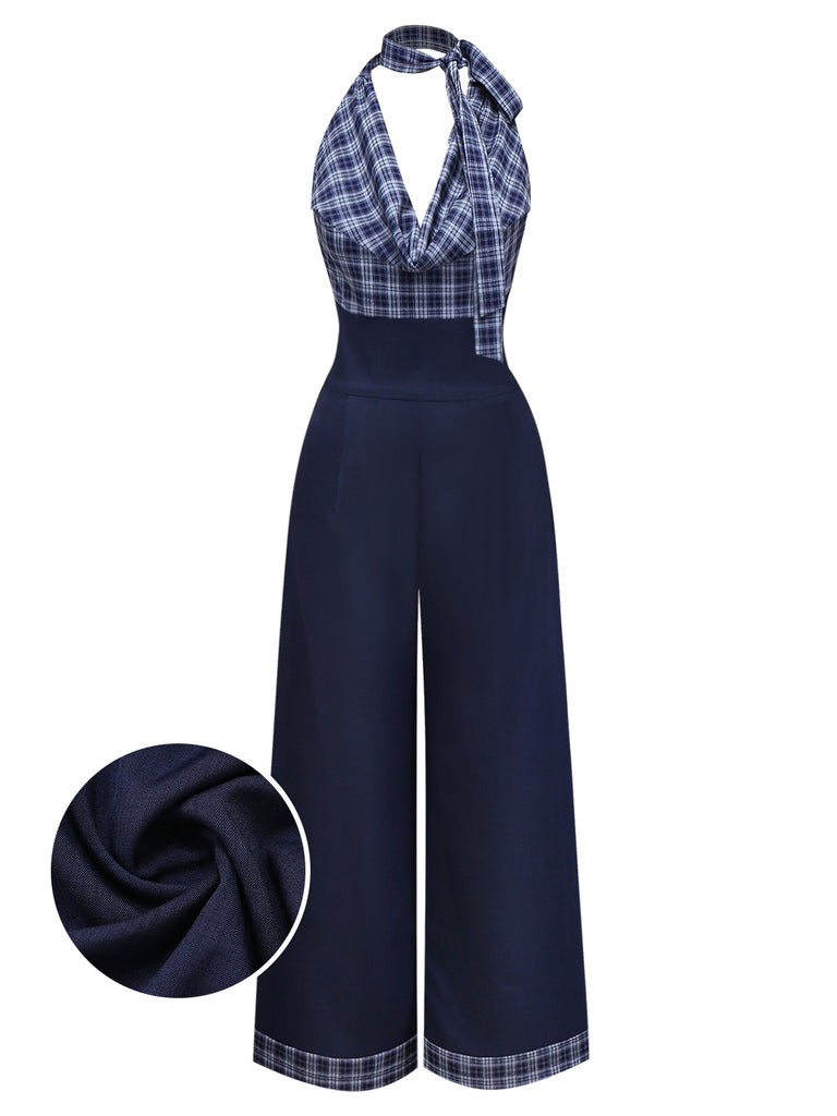 [Pre-Sale] Dark Blue 1940s Halter Cowl Neck Plaid Jumpsuit