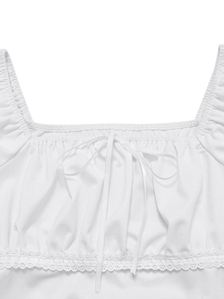 [Pre-Sale] 2PCS White & Blue 1940s Lace Ruched Top & Denim Bow Skirt