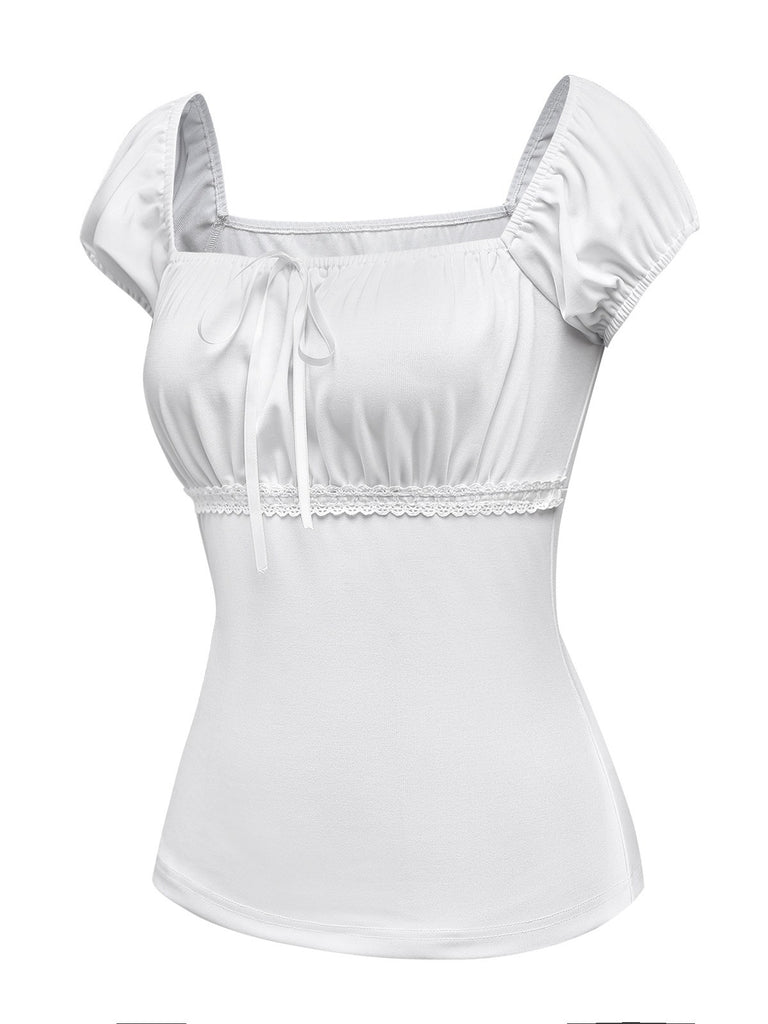 [Pre-Sale] 2PCS White & Blue 1940s Lace Ruched Top & Denim Bow Skirt