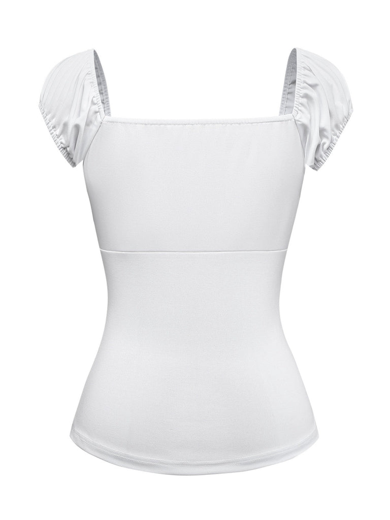 [Pre-Sale] 2PCS White & Blue 1940s Lace Ruched Top & Denim Bow Skirt