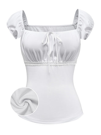[Pre-Sale] White 1940s Lace Ruched Puff Sleeve Square Neck Top