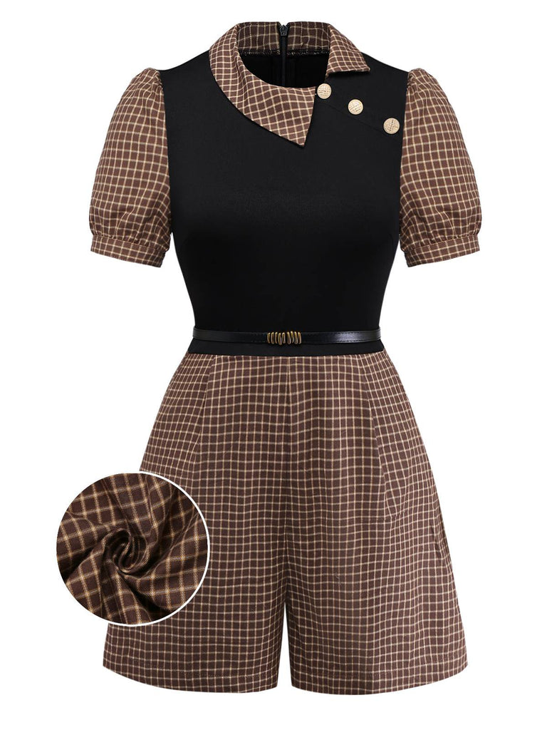 [Pre-Sale] Brown 1940s Plaid Knitted Side Lapel Belted Romper