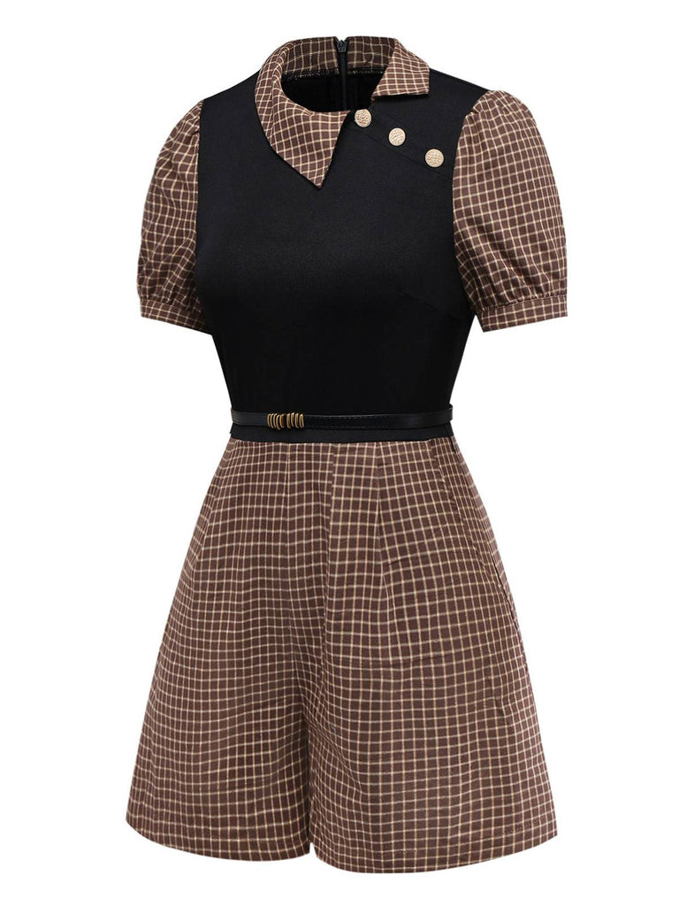 [Pre-Sale] Brown 1940s Plaid Knitted Side Lapel Belted Romper