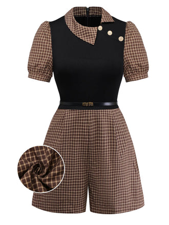 [Pre-Sale] Brown 1940s Plaid Knitted Side Lapel Belted Romper