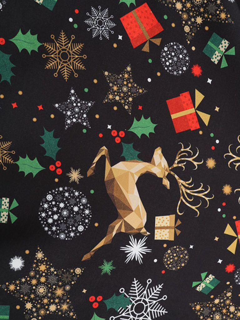 Black 1950s Christmas Print Petal Collar Belted Dress