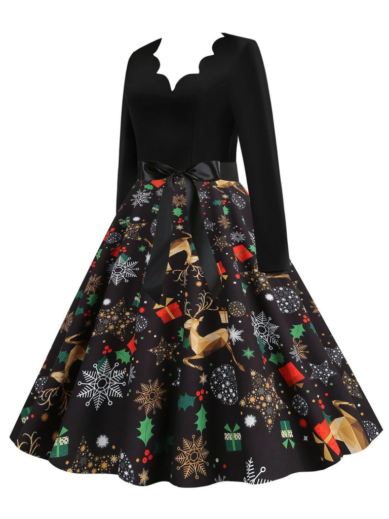 Black 1950s Christmas Print Petal Collar Belted Dress