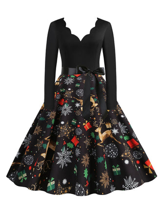 Black 1950s Christmas Print Petal Collar Belted Dress