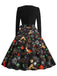 Black 1950s Christmas Print Petal Collar Belted Dress
