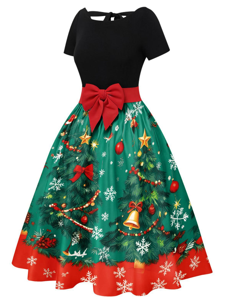 1950s Christmas Tree Patchwork Bow Belted Swing Dress